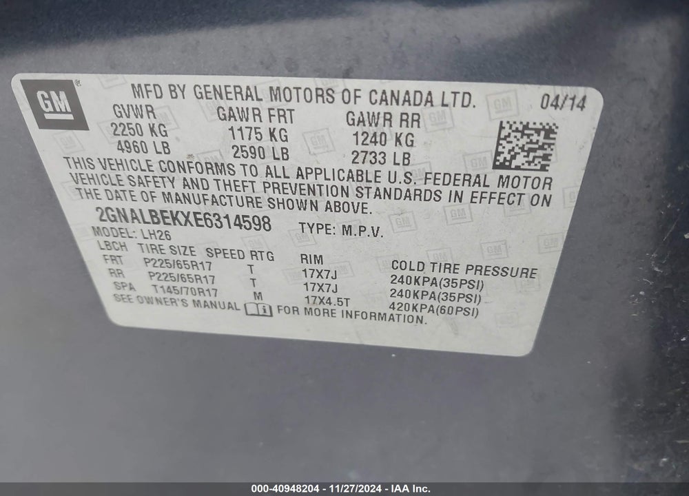 2014 CHEVROLET EQUINOX 1LT VIN: 2GNALBEKXE6314598