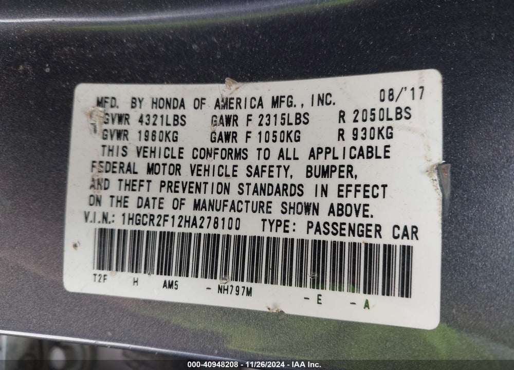 2017 HONDA ACCORD SPORT SE VIN: 1HGCR2F12HA278100