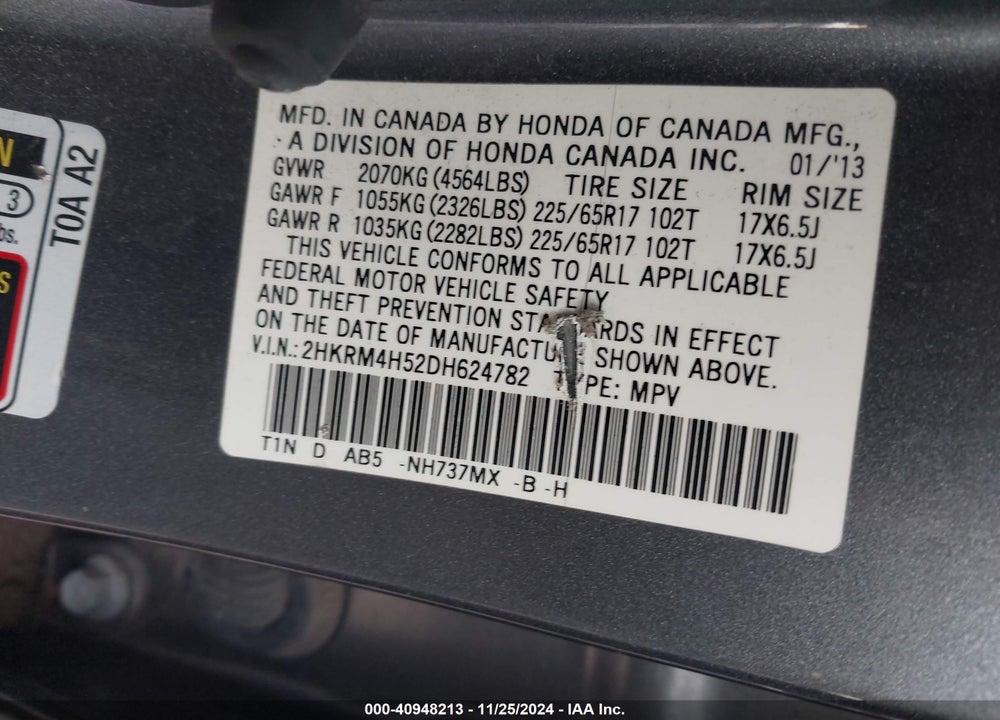 2013 HONDA CR-V EX VIN: 2HKRM4H52DH624782