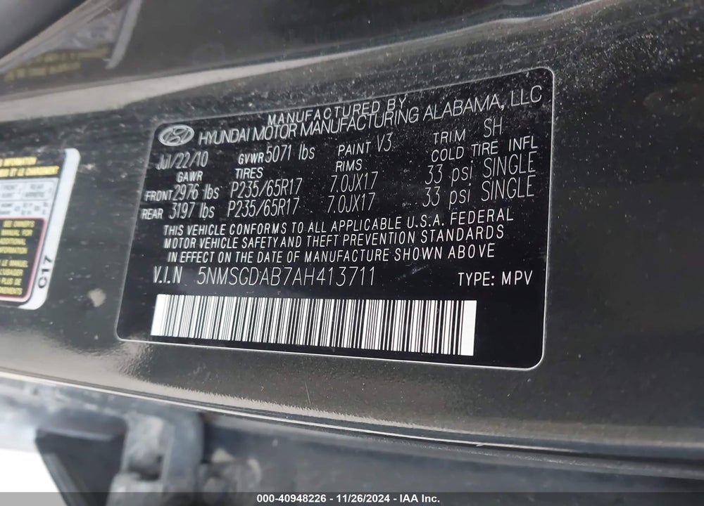 2010 HYUNDAI SANTA FE GLS VIN: 5NMSGDAB7AH413711