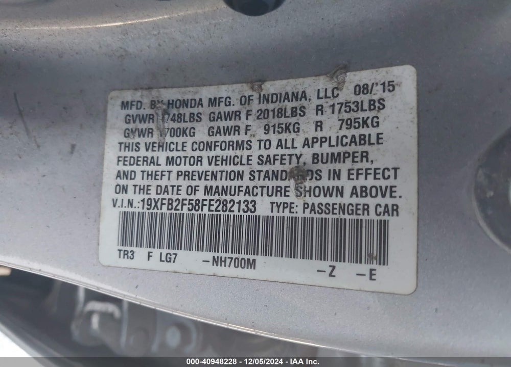 2015 HONDA CIVIC LX VIN: 19XFB2F58FE282133