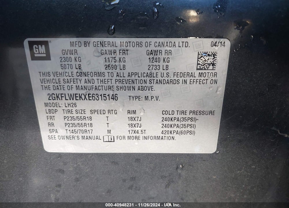 2014 GMC TERRAIN SLE-2 VIN: 2GKFLWEKXE6315146