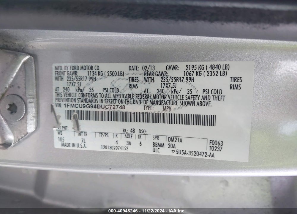 2013 FORD ESCAPE SE VIN: 1FMCU9G94DUC72748