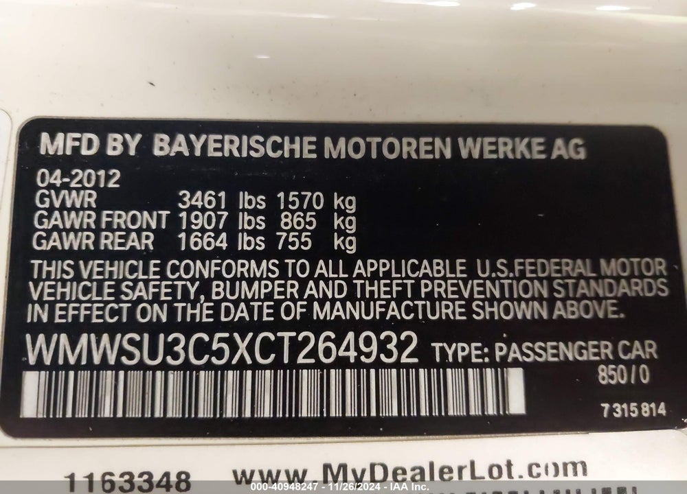 2012 MINI COOPER VIN: WMWSU3C5XCT264932