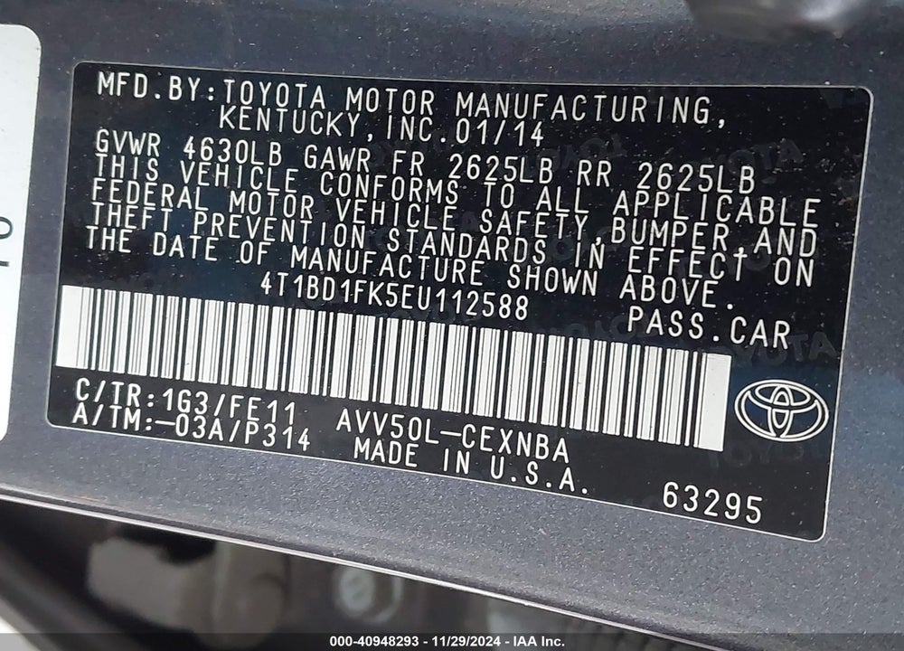 2014 TOYOTA CAMRY HYBRID LE VIN: 4T1BD1FK5EU112588