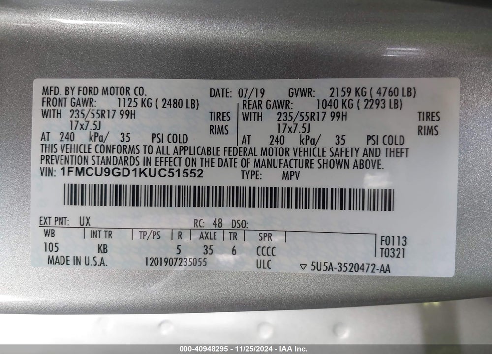 2019 FORD ESCAPE VIN: 1FMCU9GD1KUC51552
