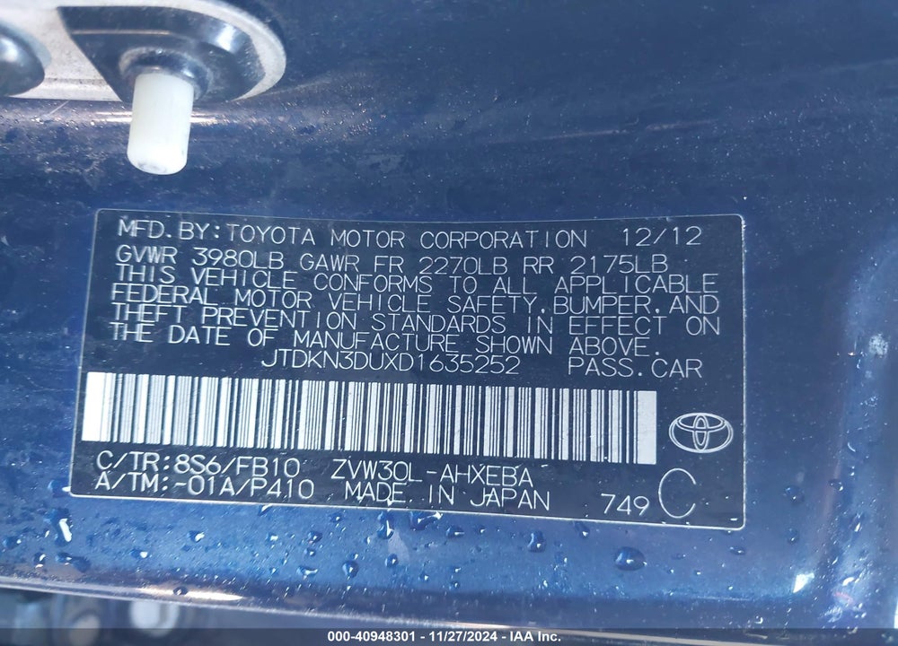 2013 TOYOTA PRIUS TWO VIN: JTDKN3DUXD1635252