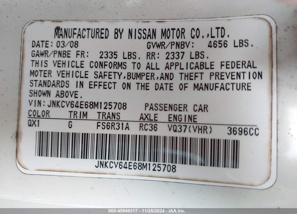 2008 INFINITI G37 SPORT VIN: JNKCV64E68M125708