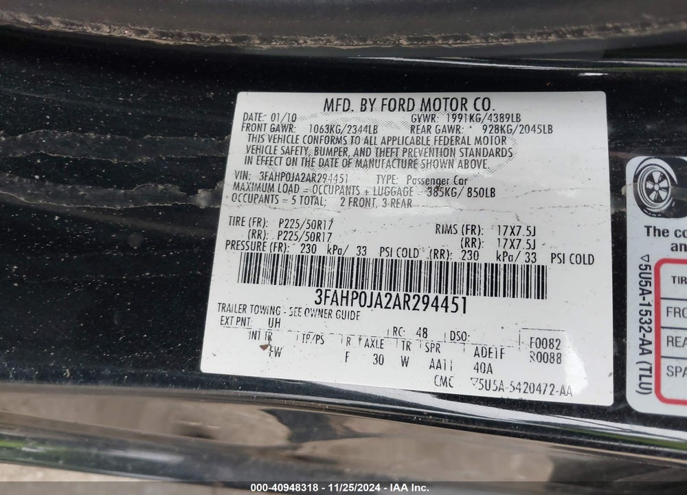2010 FORD FUSION SEL VIN: 3FAHP0JA2AR294451