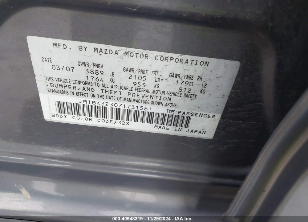 2007 MAZDA 3 S GRAND TOURING VIN: JM1BK323071731561