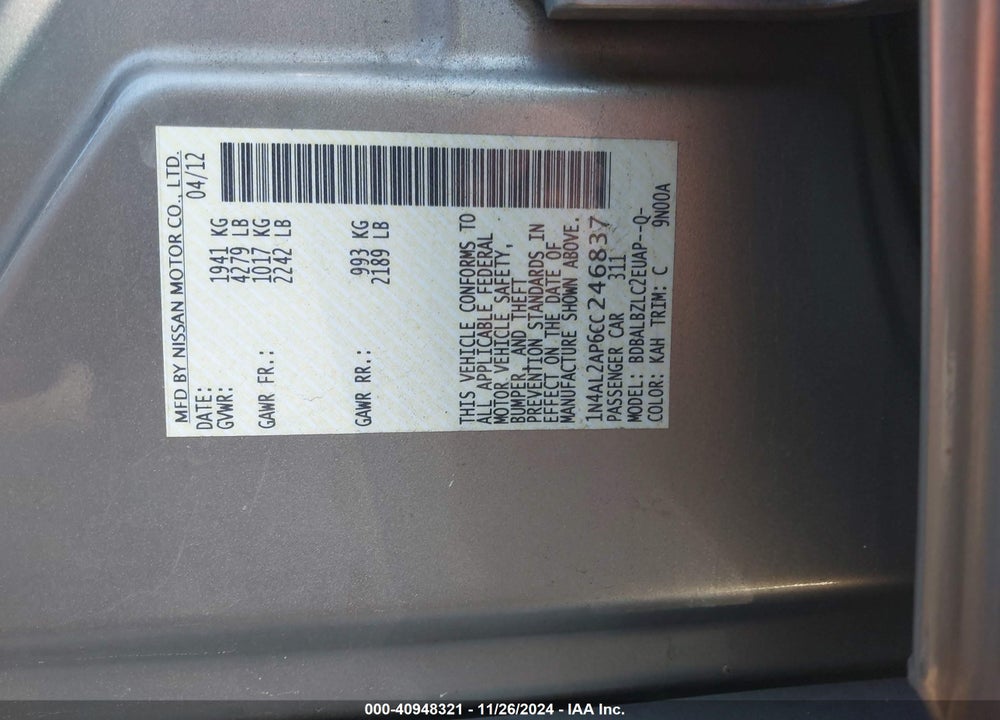 2012 NISSAN ALTIMA 2.5 S VIN: 1N4AL2AP6CC246837