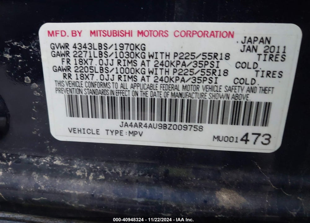2011 MITSUBISHI OUTLANDER SPORT SE VIN: JA4AR4AU9BZ009758