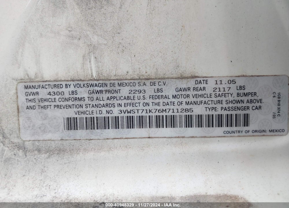 2006 VOLKSWAGEN JETTA TDI VIN: 3VWST71K76M711285