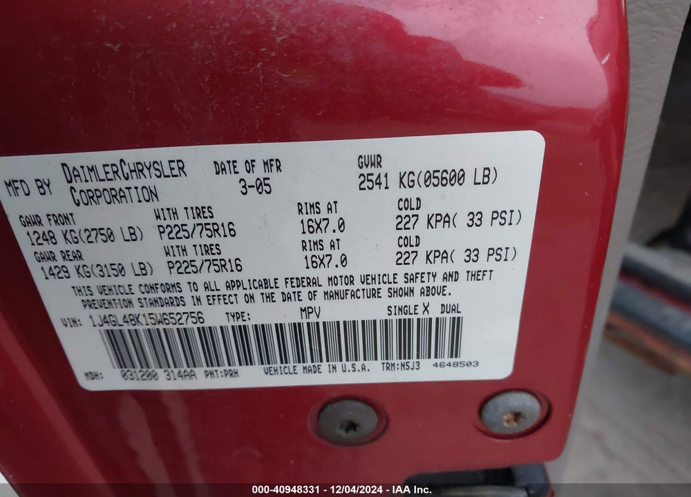 2005 JEEP LIBERTY SPORT VIN: 1J4GL48K15W652756