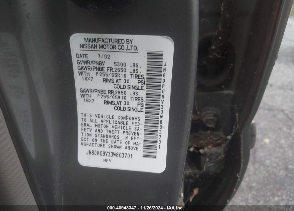 2003 NISSAN PATHFINDER SE VIN: JN8DR09Y33W803701