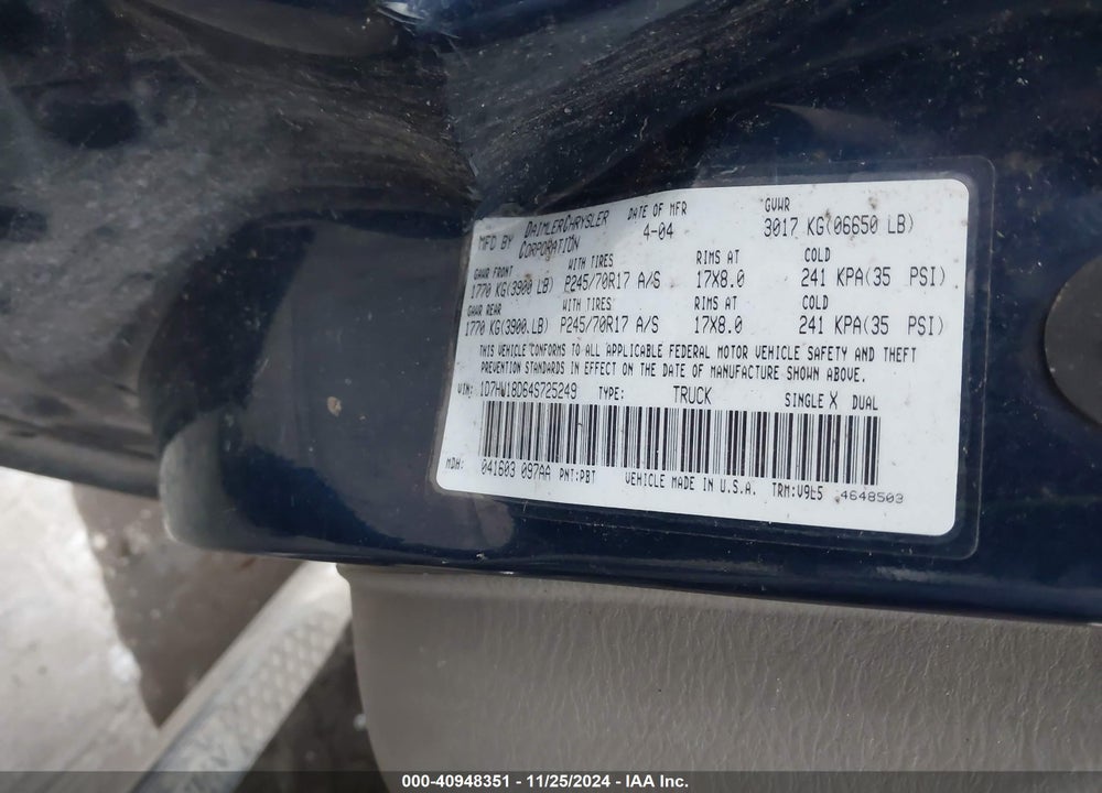 2004 DODGE RAM 1500 SLT/LARAMIE VIN: 1D7HU18D64S725249