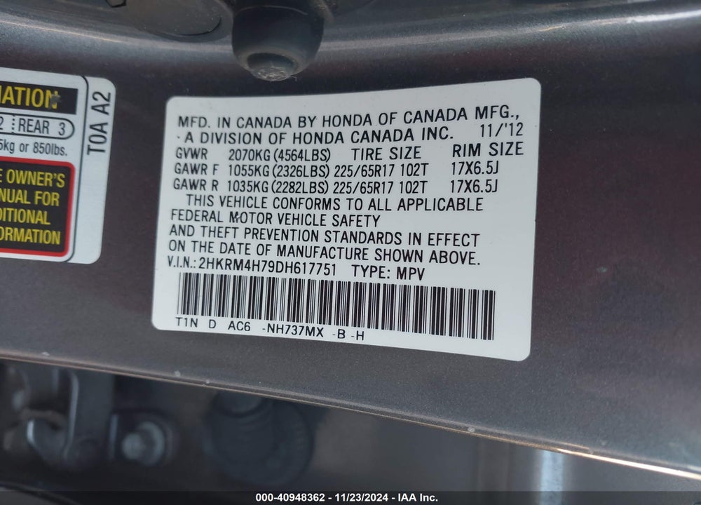 2013 HONDA CR-V EX-L VIN: 2HKRM4H79DH617751