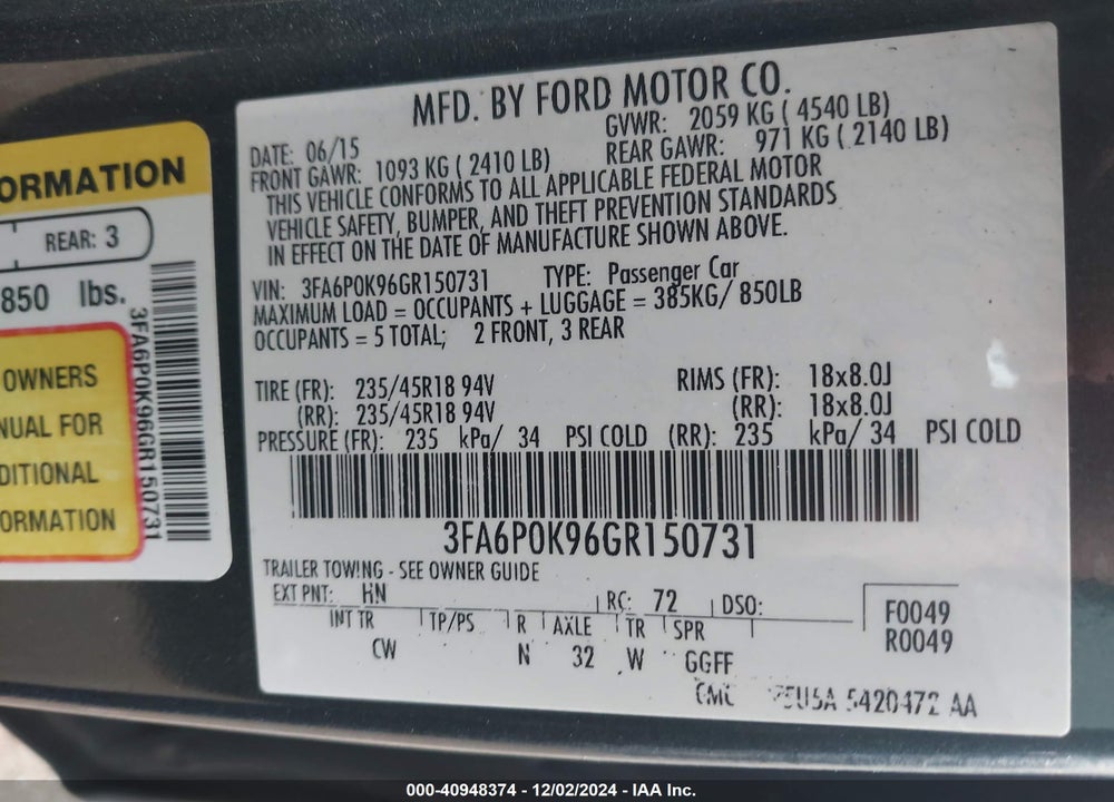 2016 FORD FUSION TITANIUM VIN: 3FA6P0K96GR150731