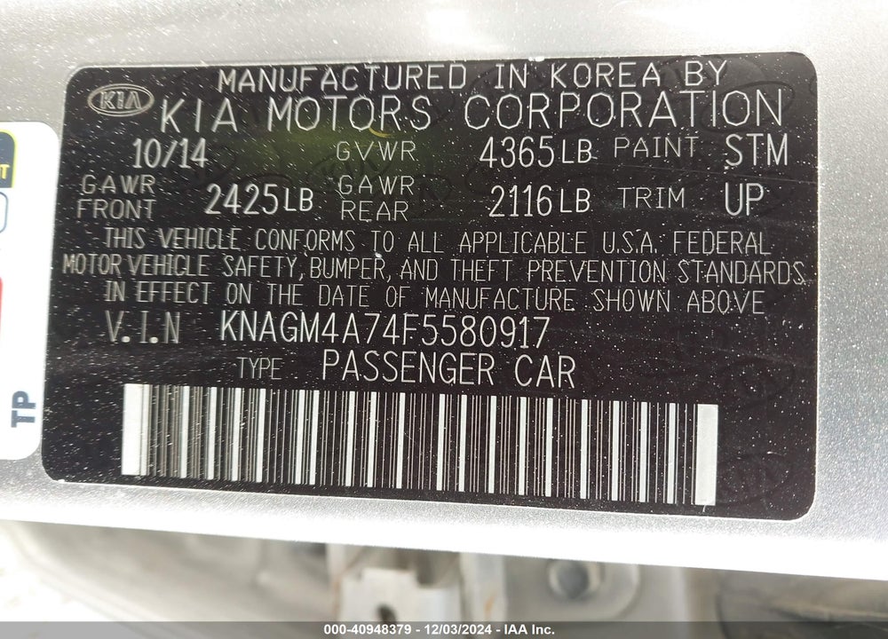 2015 KIA OPTIMA LX VIN: KNAGM4A74F5580917