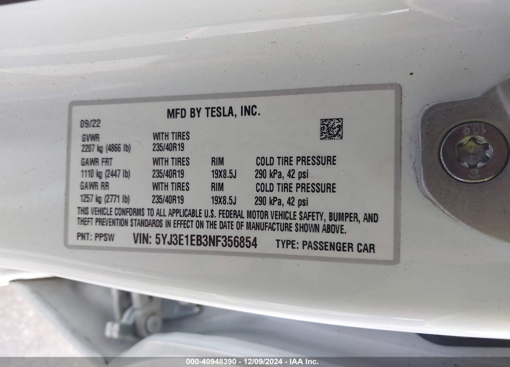 2022 TESLA MODEL 3 VIN: 5YJ3E1EB3NF356854