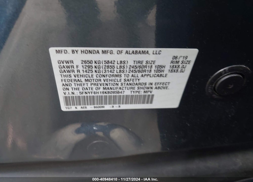 2019 HONDA PILOT LX VIN: 5FNYF6H19KB095647