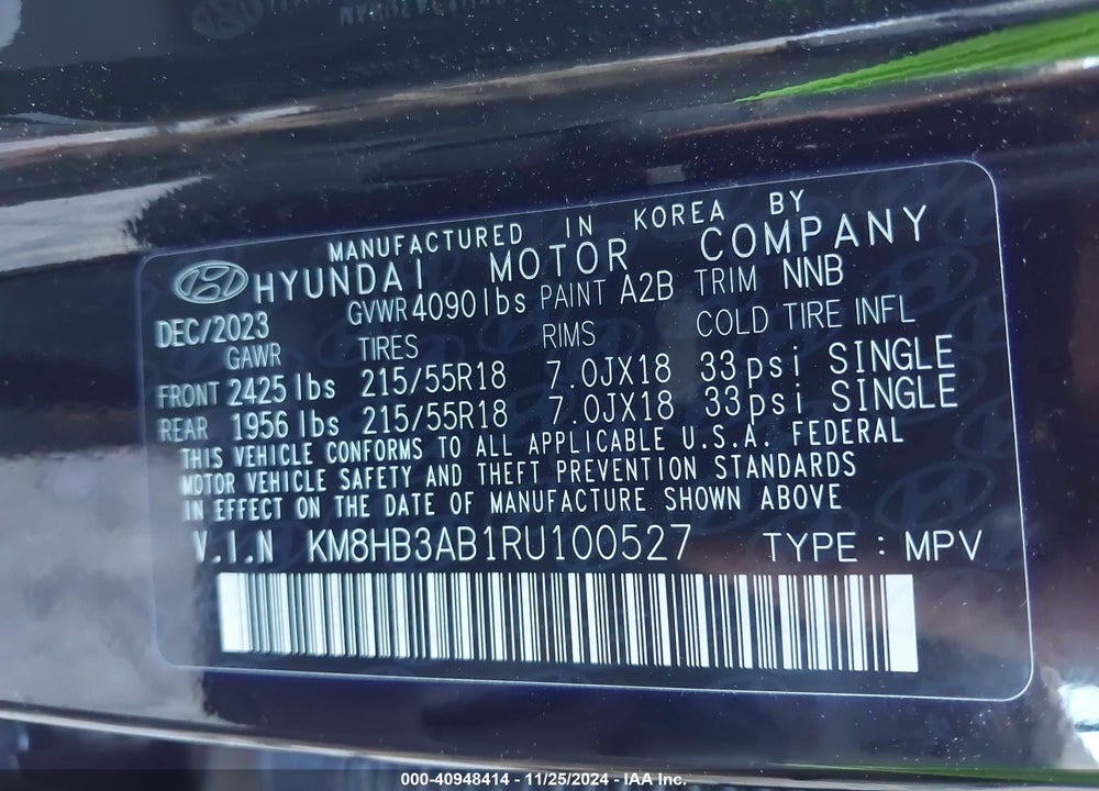 2024 HYUNDAI KONA VIN: KM8HB3AB1RU100527