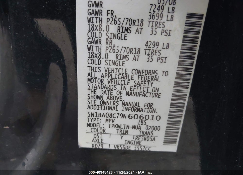 2009 NISSAN ARMADA SE VIN: 5N1BA08C79N606010