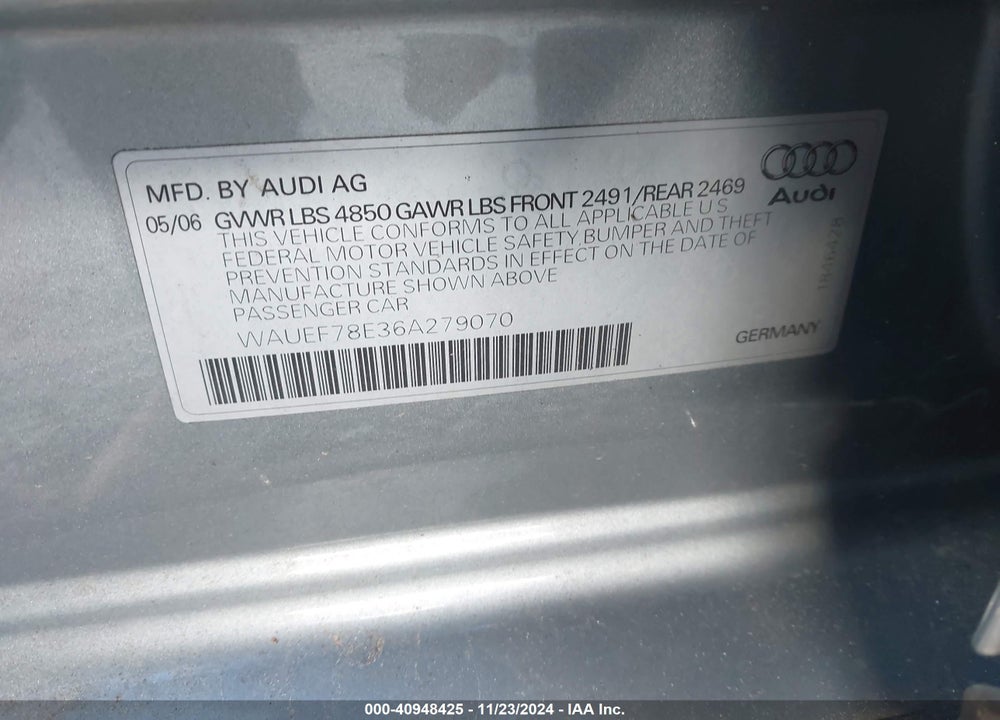 2006 AUDI A4 2.0T VIN: WAUEF78E36A279070