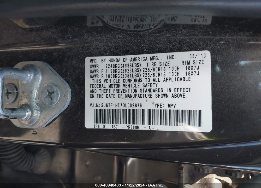 2013 HONDA CROSSTOUR EX-L V6 VIN: 5J6TF1H57DL002876