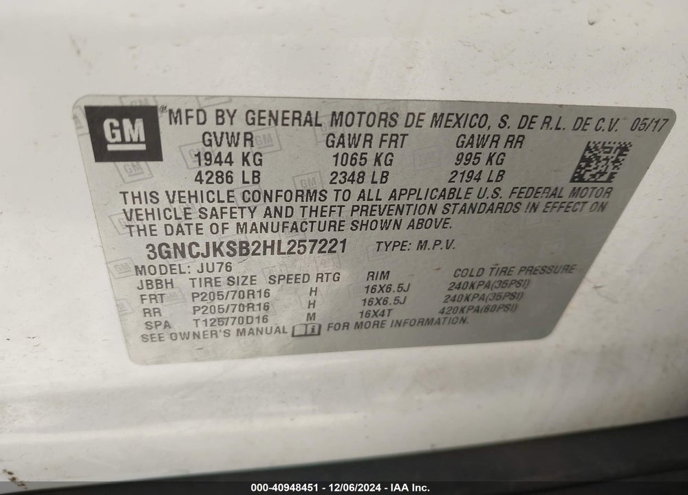 2017 CHEVROLET TRAX LS VIN: 3GNCJKSB2HL257221