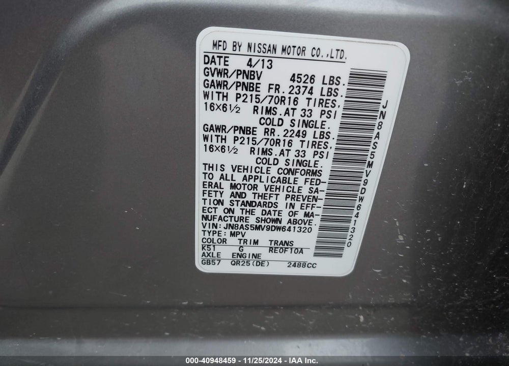 2013 NISSAN ROGUE S VIN: JN8AS5MV9DW641320