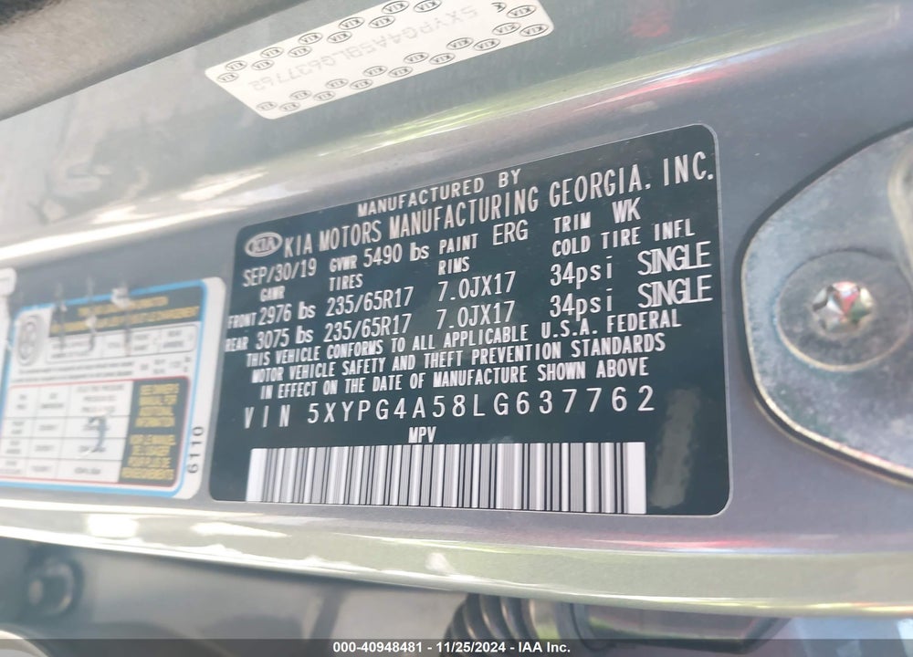 2020 KIA SORENTO 3.3L LX VIN: 5XYPG4A58LG637762