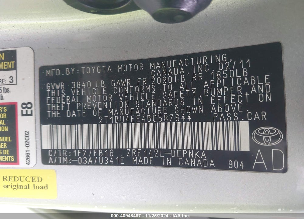 2011 TOYOTA COROLLA LE VIN: 2T1BU4EE4BC587644