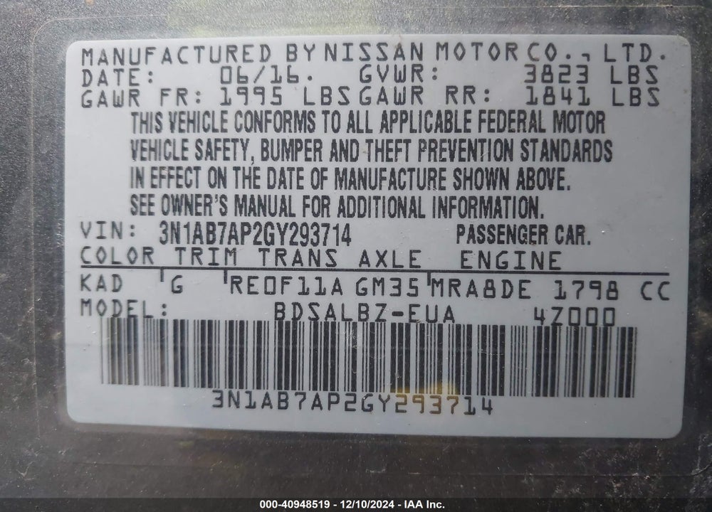 2016 NISSAN SENTRA VIN: 3N1AB7AP2GY293714