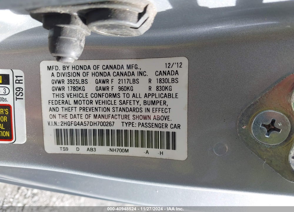 2013 HONDA CIVIC SI VIN: 2HGFG4A57DH700267