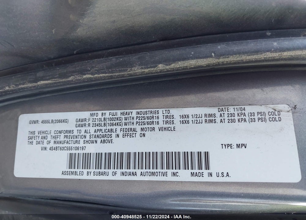 2005 SUBARU BAJA TURBO VIN: 4S4BT63C555106197