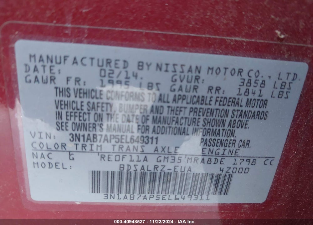 2014 NISSAN SENTRA SR VIN: 3N1AB7AP5EL649311