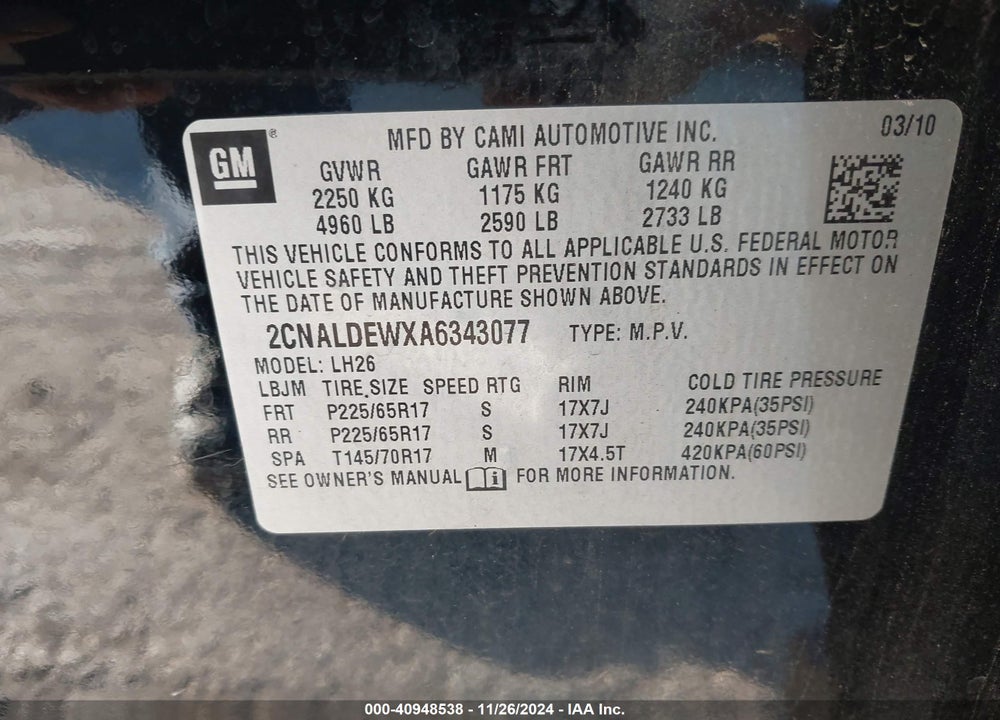 2010 CHEVROLET EQUINOX LT VIN: 2CNALDEWXA6343077