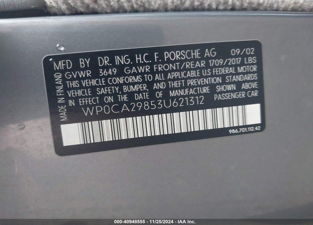 2003 PORSCHE BOXSTER VIN: WP0CA29853U621312