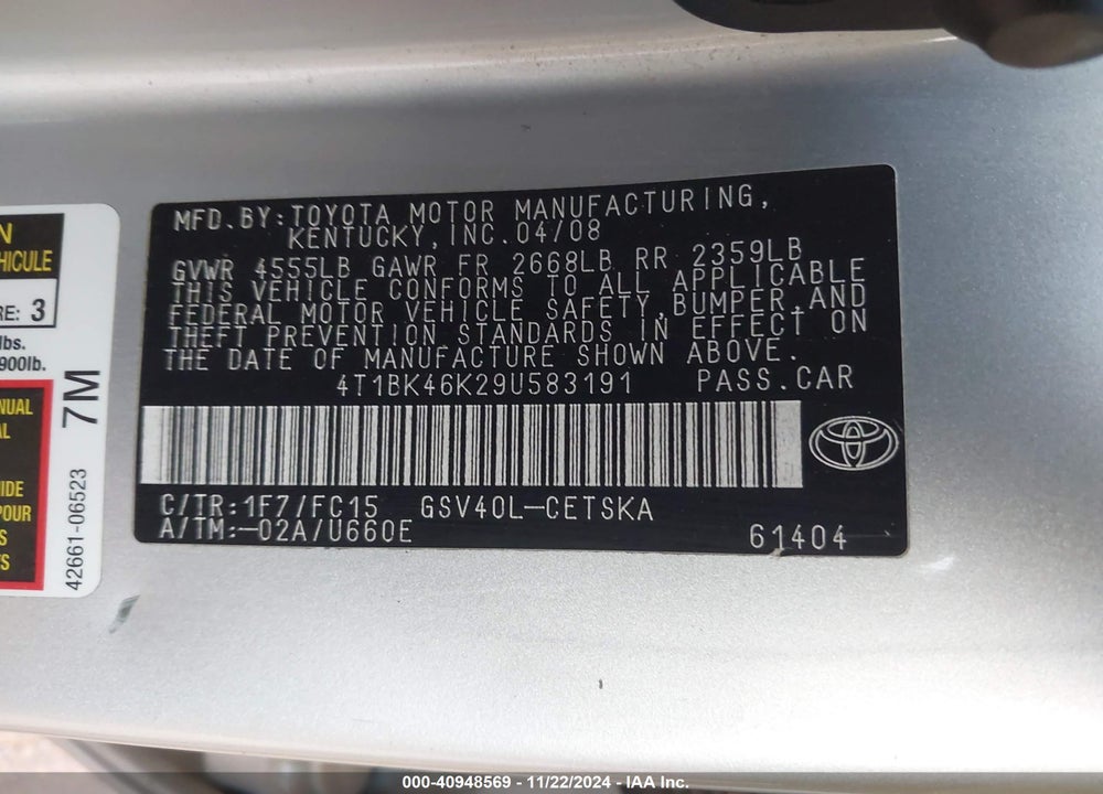 2009 TOYOTA CAMRY SE V6 VIN: 4T1BK46K29U583191