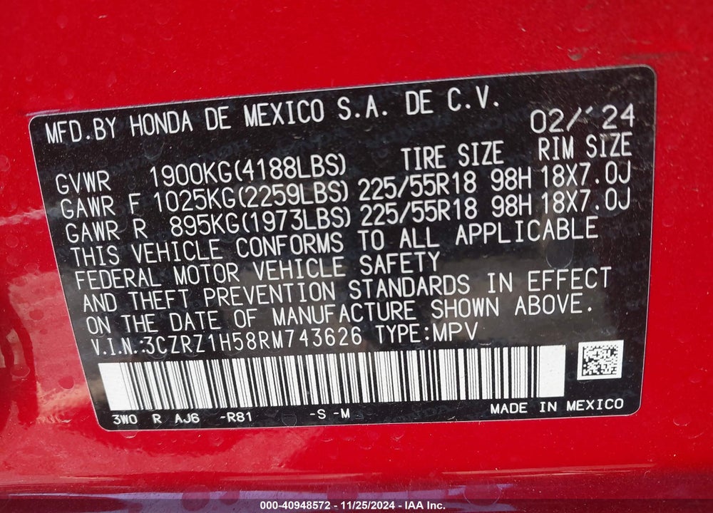 2024 HONDA HR-V 2WD SPORT/2WD SPORT W/O BSI VIN: 3CZRZ1H58RM743626