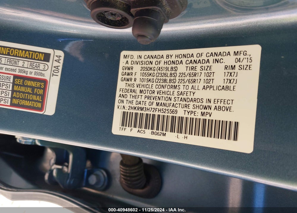 2015 HONDA CR-V EX-L VIN: 2HKRM3H72FH525569