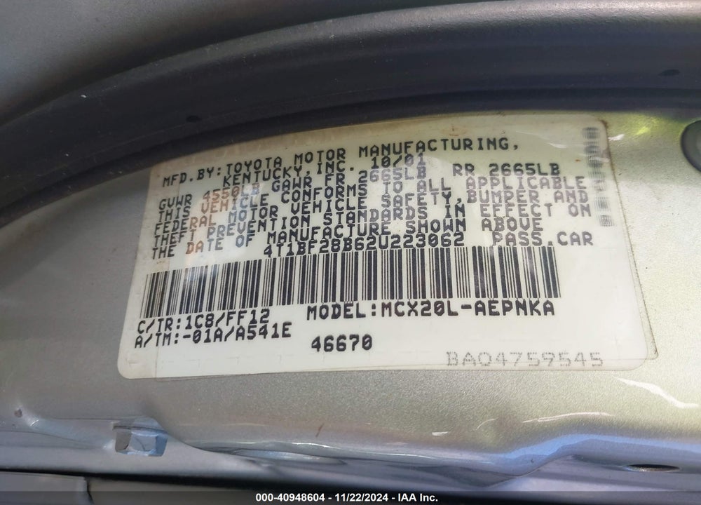 2002 TOYOTA AVALON XL VIN: 4T1BF28B62U223062