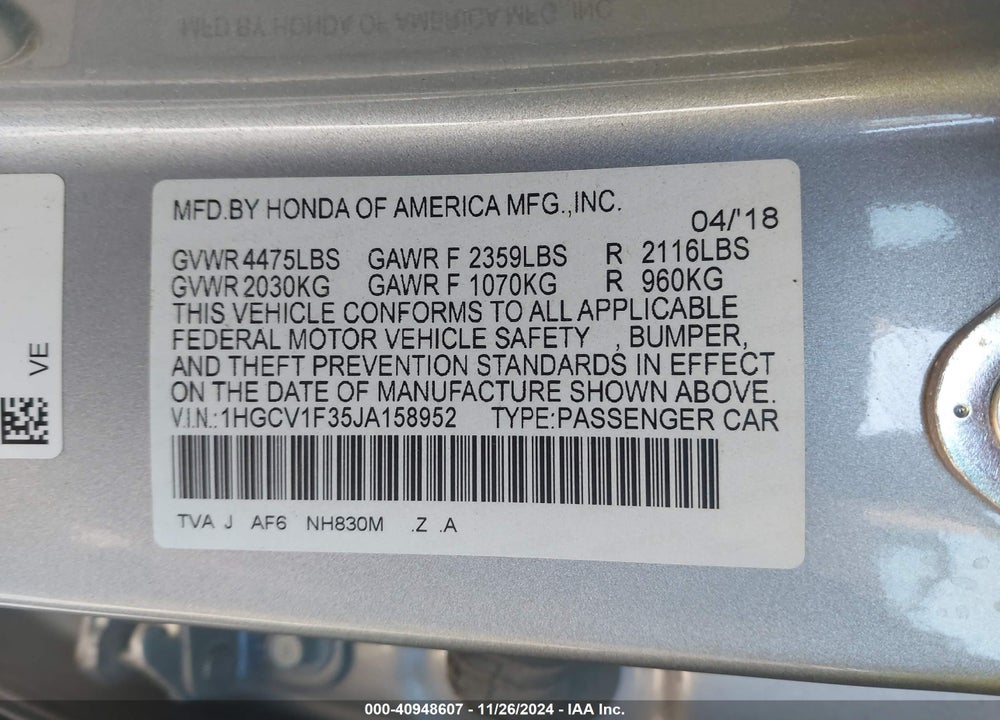 2018 HONDA ACCORD SPORT VIN: 1HGCV1F35JA158952