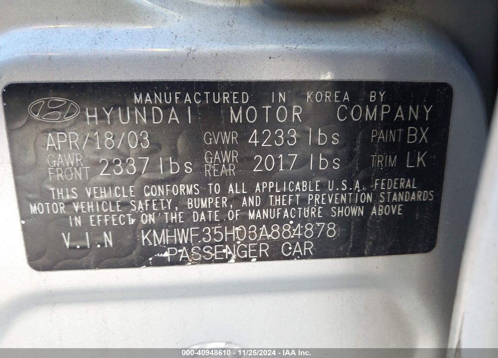 2003 HYUNDAI SONATA GLS/LX VIN: KMHWF35H03A884878