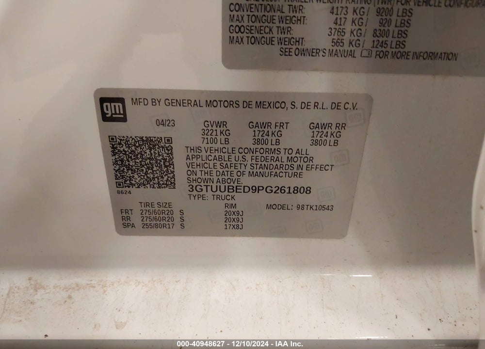 2023 GMC SIERRA 1500 VIN: 3GTUUBED9PG261808