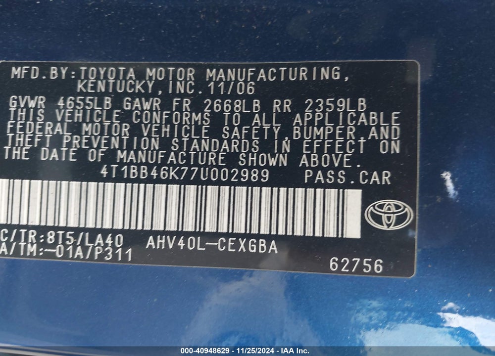 2007 TOYOTA CAMRY HYBRID VIN: 4T1BB46K77U002989
