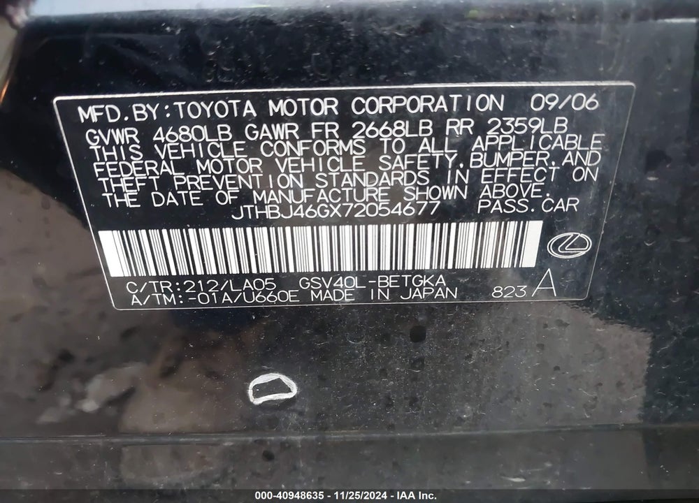 2007 LEXUS ES 350 VIN: JTHBJ46GX72054677