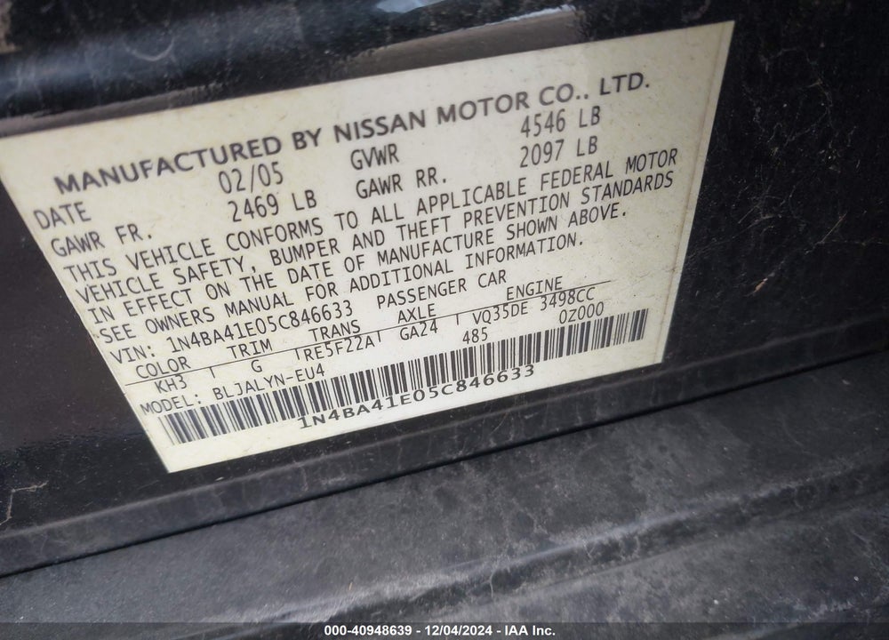 2005 NISSAN MAXIMA 3.5 SL VIN: 1N4BA41E05C846633