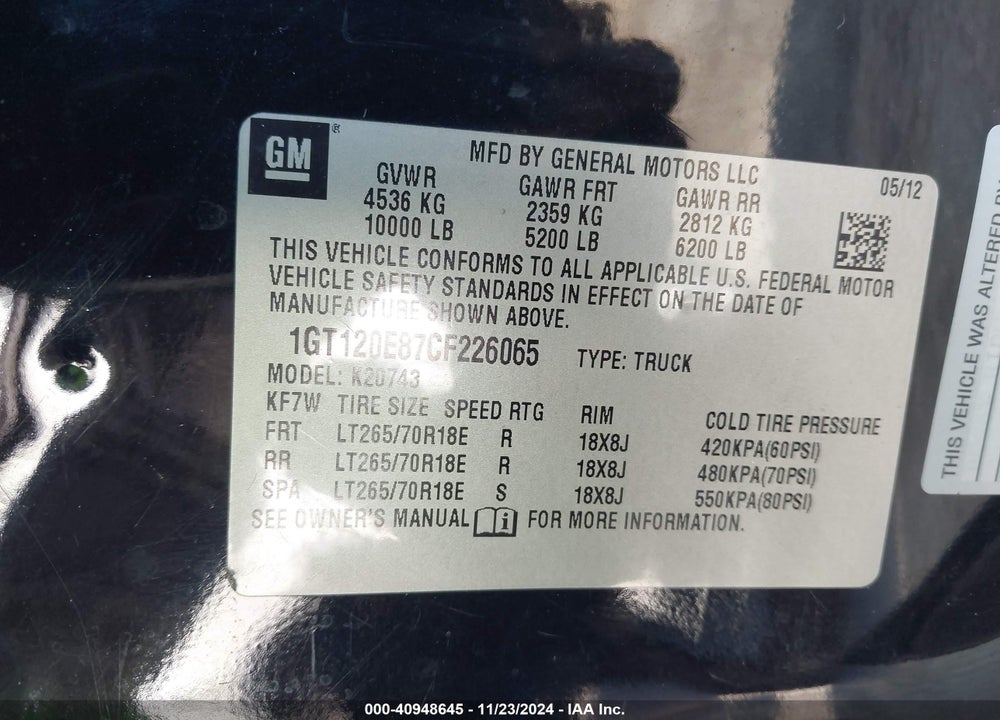 2012 GMC SIERRA 2500HD SLE VIN: 1GT120E87CF226065